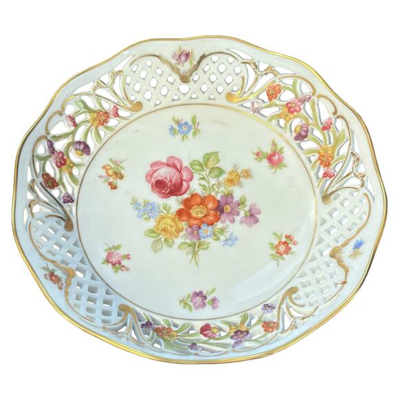 Schumann Arzberg Bavaria Reticulated Porcelain Plate Floral Gold Trim Germany - Picture 1 of 2